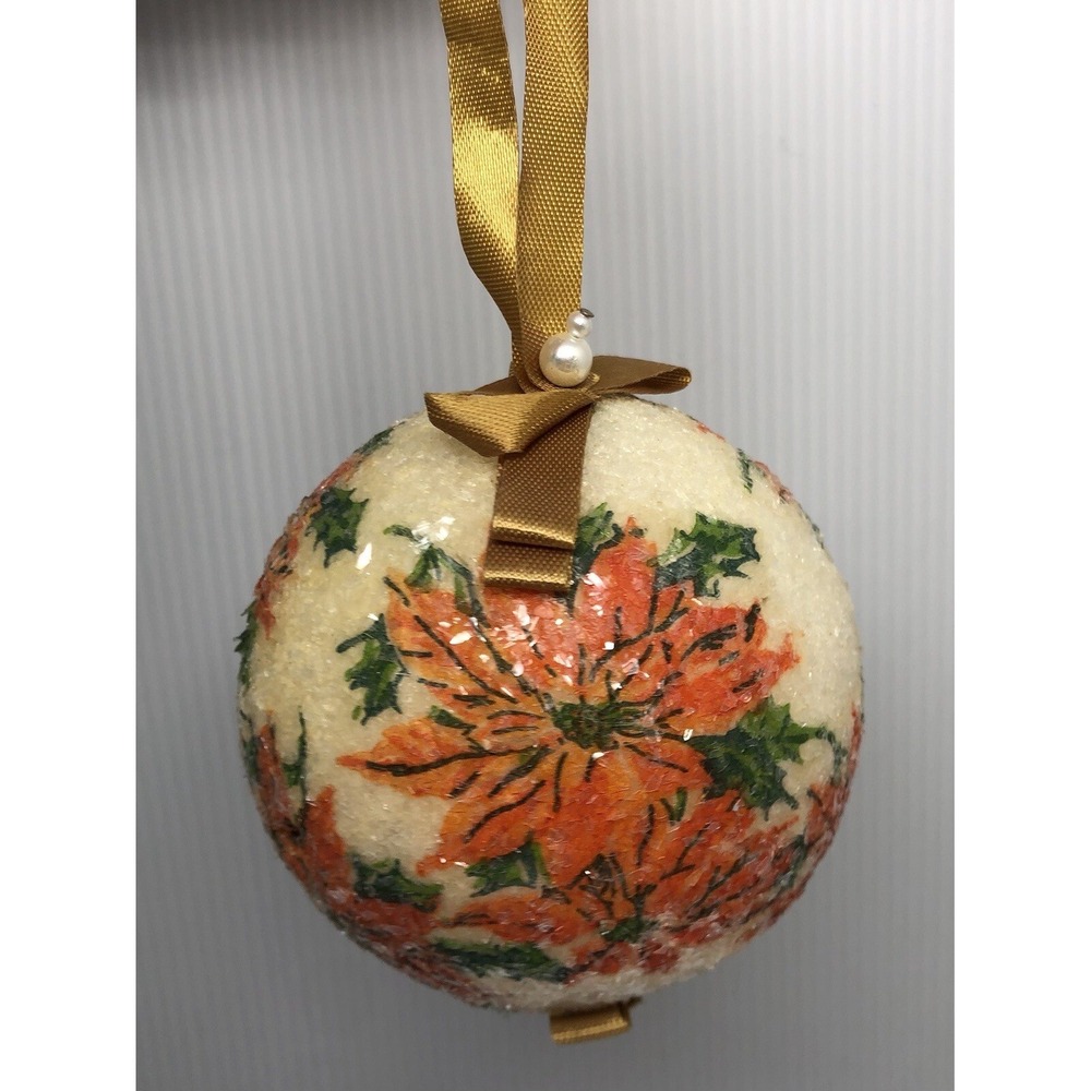 Vintage Round Ball Ornament Poinsettia Pattern‎ On Styrofoam-type Ornament 1960s